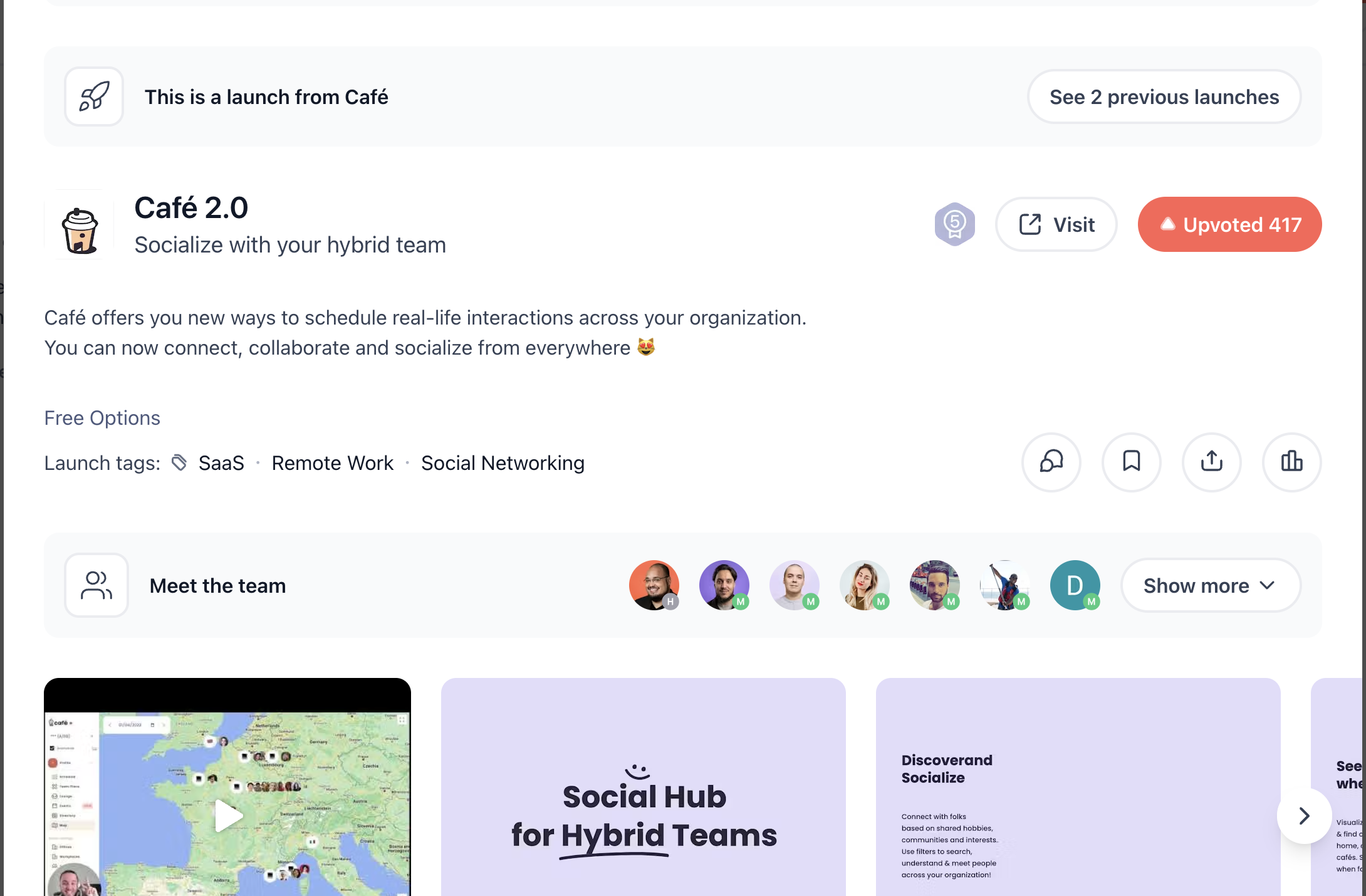 Café 2.0 Product Hunt launch page showing 417 upvotes
